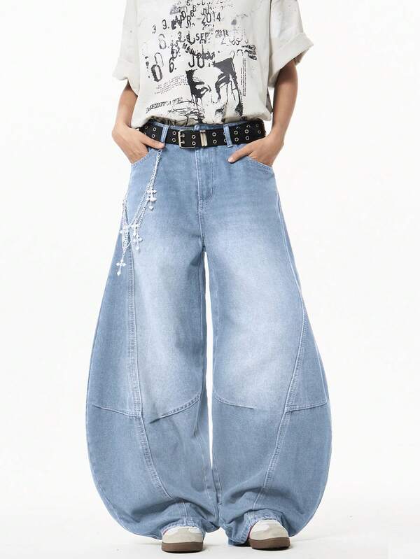 Justice Brother 1pc Japanese Streetwear Brand Patchwork Curved Leg Jeans, Washed All-Season Denim Loose Fit Fashion Versatile Long Pants (Belt/Accessories Not Included)