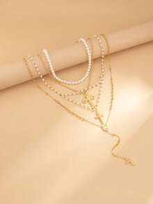 4pcs/Set 14k Gold Plated Multi-Layer Beaded Cross & Virgin Mary Necklace, Suitable For Vacation, Prayer, Baptism Wear - 金色 - 查看 5