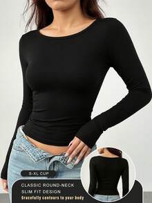 1pc Autumn Fitted Black Crew Neck Elastic Knit Pullover - Women's Basic Undershirt, Suitable For Casual Outfits, Leisure Fashion, Everyday Wear, Autumn Women's Clothing - Black - View 2