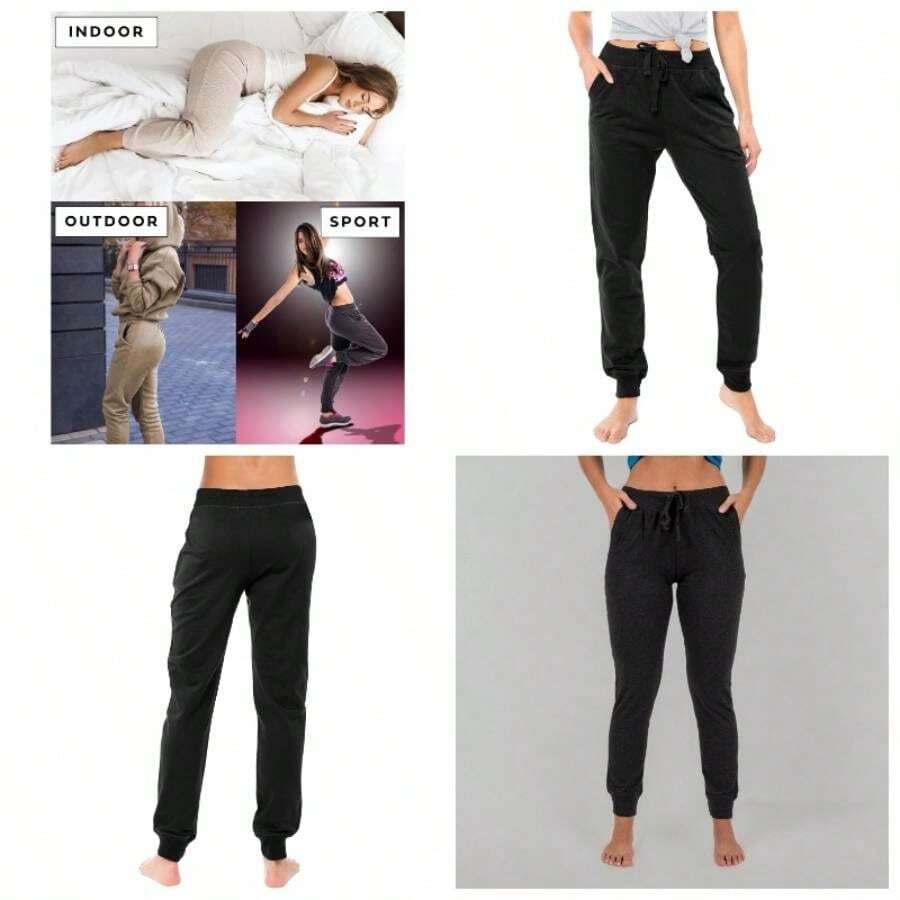 - Pantalones deportivos con cordn para mujer, pantalones deportivos de algodn de punto, varios paquetes y colores - CH + Paquete de 2 - Negro/Gris - Ver 1