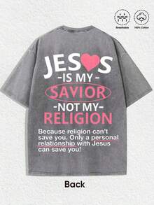 1 PCS Religious "Jesus Is My Savior, Not My Religion" Graphic Tee: Featuring Distressed Vintage Finish, Front & Back Bold Letter Prints With Pink Heart Accent, Inspirational Text "Because Religion Can't Save You. Only A Personal Relationship With Jesus Can Save You!", Crafted From Breathable 100% Cotton, Perfect For Infusing Spiritual & Nostalgic Vibes Into Outfits During Easter Celebrations, Church Events, Or Daily Wear, Christmas & Halloween & Thanksgiving Day & Valentine's Day & Pride & Father's Day & Easter & Mother's Day & New Year & Spring Festival, Men's Round Neck Printed Short Sleeve Casual Everyday T-Shirt, They Are Excellent Gifts For Friends And Family, 100% Cotton T-Shirts Feature, A Youthful And Fashionable Design, Graphic Tees Men, Graphic Tees Women, Cachorro Feliz, Back To School - 灰色 - 查看 3