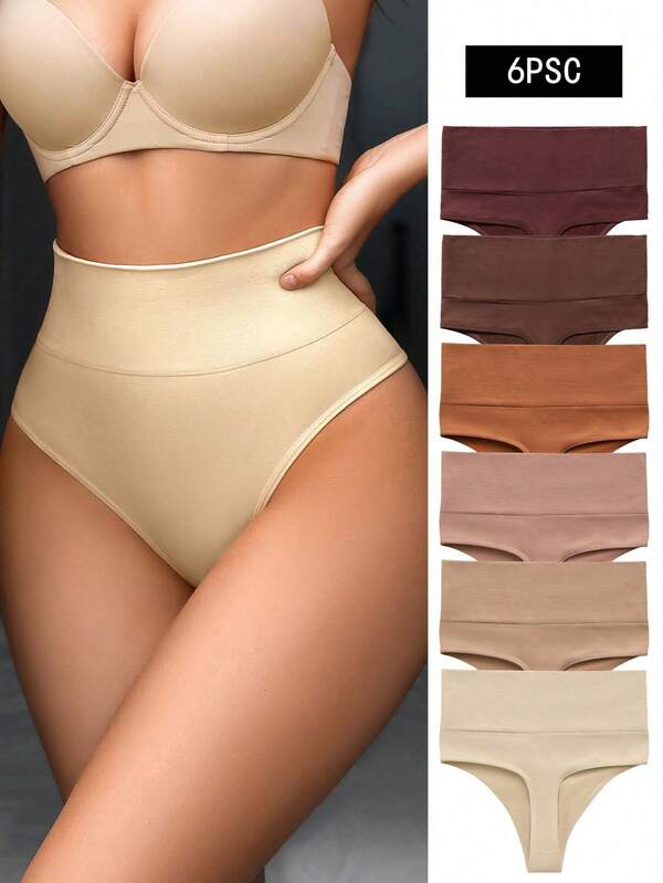 6-Piece Set Of Women's High Waist Briefs In Various Colors For Daily Home Use, Simple, Comfortable And Breathable