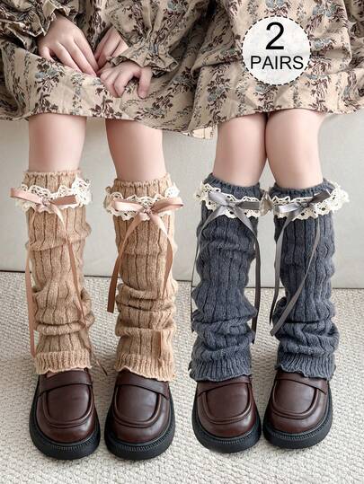 2/1 Pair Knitted Leg Warmers, Leg Sleeves For Children & Teens, Warm, Bow, Lace Trim, Autumn/Winter, All Season, White, Black, Khaki, Brown, Solid Color, Ruffle Edge, Fashionable & Cute, Suitable For Daily Wear & Gifts