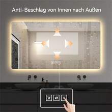 Badspiegel-mit-Beleuchtung 120x60cm, Dimmbar, 3 Farbtemperaturen 3000K-6000K, Badezimmerspiegel mit Entfoggen, Speicherfunktion, LED-Spiegel-Bad, HD Hartglas, Horizontal/Vertikal