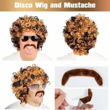 Hombres Perruca Hippie Fasching Disfraz de Carnaval 6 en 1 Disco Set con Afro Perruca Barbada Corbata Gafas Collar Dorado Pulsera y Anillo para 60er 70er 80er Cosplay, Mottoparty, Halloween - Multicolor - Ver 2