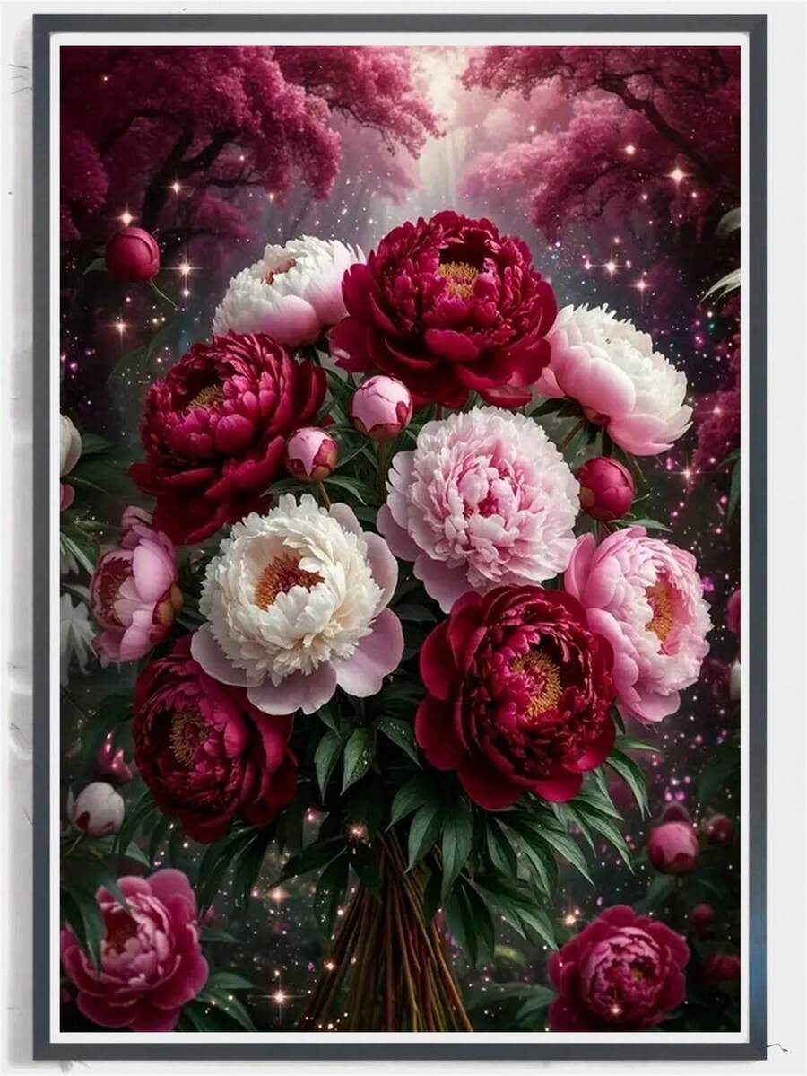 1 件 5D 全钻圆形钻石画套件，花卉牡丹主题 DIY 刺绣工艺品，用于家居墙壁装饰，包含工具，适合成人和初学者，无框钻石艺术礼物