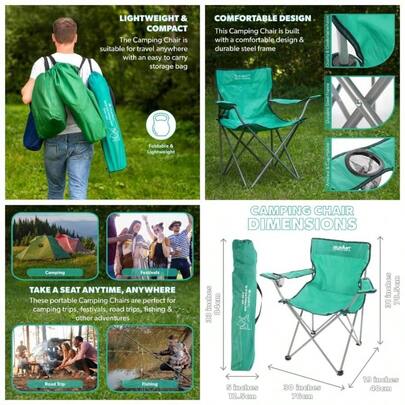 Green Folding Camping Chairs With Cup Holder - Pack Of 4 - Lightweight Outdoor Chairs Fishing, Festivals, Camping Trips, Picnics Summer Activities