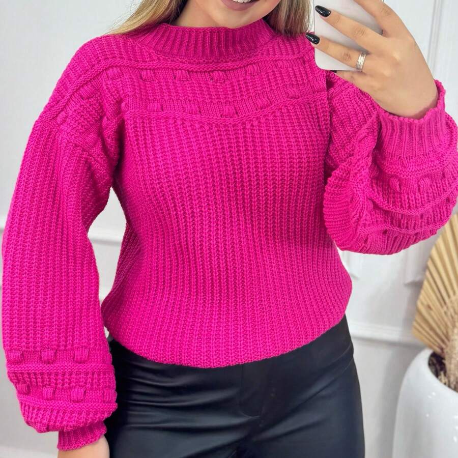 Cold Knitting Sweater Women's Long Sleeve Puffed Wool Pom Pom Winter Oversize Laffy Tricot - Neon hồng - Xem 1