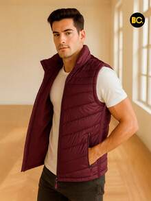 Big City Chaleco acolchado para hombre con cierre frontal y bolsillos laterales, abrigo ligero tipo puffer casual moderno para clima frío, - Burdeos - Ver 2