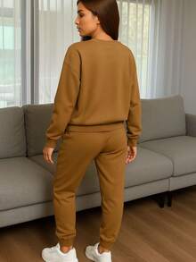 Conjunto de pants  Sudadera y pantalón  Felpa suave  Cuello redondo Estilo cómodo  Conjunto deportivo - Camel - Ver 4