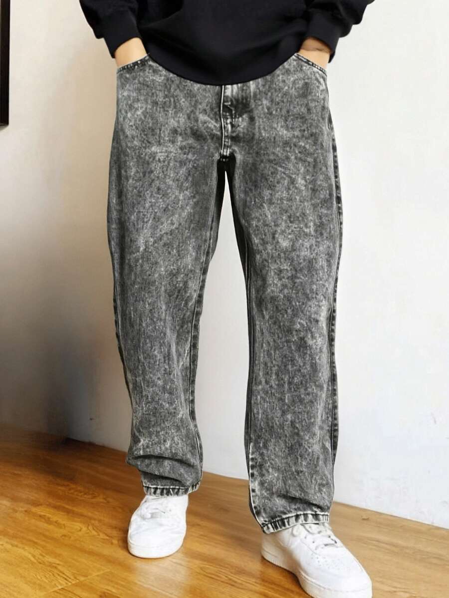 Men's Balloon Jeans, All Loose, Zipper, Pocket, Button - Màu xám đen - Xem 1