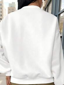 Letter Print Loose Fit Regular Length Women's Crew Neck Pullover Sweatshirt, Suitable For Autumn/Winter, Women's Fall/Winter Tops, Y2K Style Graphic Sweatshirt, Casual Outerwear, White, Fashionable - White - View 2