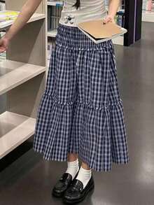 女式撞色格子高腰荷叶边休闲裙，春夏季 - 藍色 - 查看 1