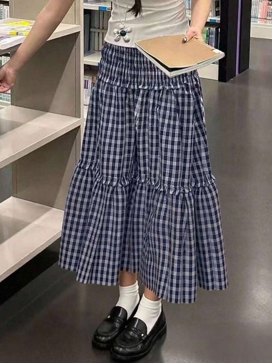 女式撞色格子高腰荷叶边休闲裙，春夏季 - 藍色 - 查看 1