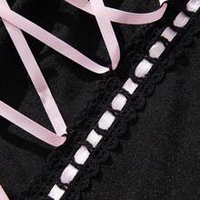 Sexy Lace Bow Sensual Lingerie Set, Black Tight Bra, Waist-Tight Look Slimming, Suitable For Night Travel, Daily Date, Suitable For Halloween, Valentine's Day, Night Parties - 白色和藍色 - 查看 8