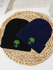 2顶/套 男女通用刺绣外星人图案针织帽，弹力独特，秋冬季服装 - 多色 - 查看 8