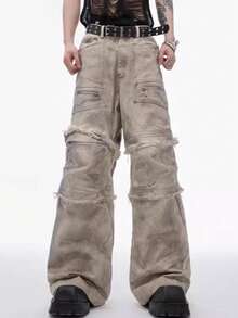 Design Sense: Wasteland, Old, Dirty, Dyed, Workwear, Pants, Retro, Damaged Edges, Casual Pants, Denim, High Street, Rugged And Handsome