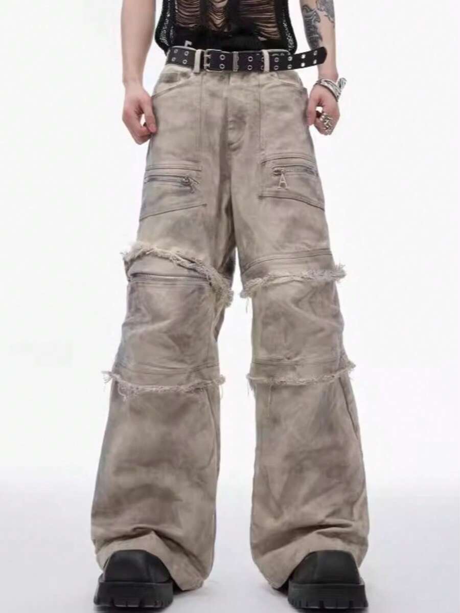 Design Sense: Wasteland, Old, Dirty, Dyed, Workwear, Pants, Retro, Damaged Edges, Casual Pants, Denim, High Street, Rugged And Handsome