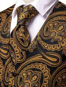 Mens Waistcoat Gold Orange Paisley Vest Tie Handkerchief Cufflinks Set Tuxedo Gilet Wedding Formal Casual - 金色 - 查看 4
