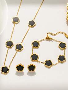 4pcs/Set Stainless Steel Fashionable Clover Flower Stud Earrings, Bracelet, Necklace Set For Women (Clover Welding Position Random)