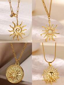 1 pieza Collar con colgante de sol de acero inoxidable para mujer, color dorado con cadena y dije de circonita, joyería estética como regalo