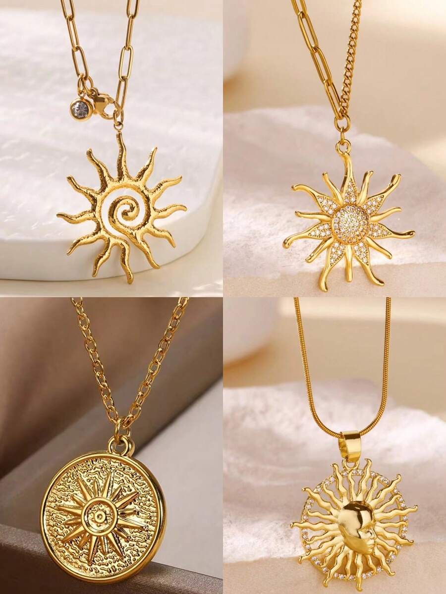 1 pieza Collar con colgante de sol de acero inoxidable para mujer, color dorado con cadena y dije de circonita, joyería estética como regalo