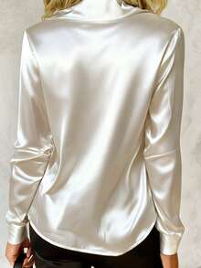 Elegant Women's Lightweight Spring/Summer White Satin Sheer Long Sleeve Blouse, Collared, Professional Polyester Shirt, Button Details, Regular Length - White - View 4