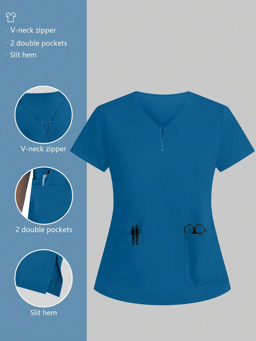 cimmuovere Plus Size Women Short Sleeve Round Neck 4-Pocket Solid Color Scrubs Nurse Scrubs Workwear Dentist Healthcare Pet Hospital Laboratory Top - Blue - View 1