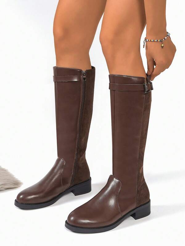 Stivali da motociclista casual con cerniera laterale e fibbia, stivali western, scarpe con tacco chunky, stivali alti fino al ginocchio, stivali calzini, autunno, stivali marrone Mocha, scarpe autunno/inverno, scarpe di gomma, stivali sopra il ginocchio, stivali al polpaccio