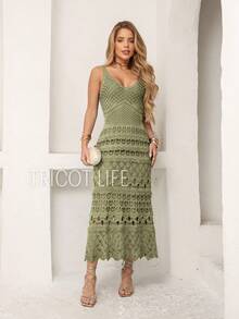 Women's Midi Dress, Lace Tricot, Party, Beach, Sophisticated, New Year's Eve, Christmas, Holidays, Beach, Wedding, Godmother - 橄欖綠 - 查看 8