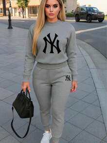 Conjunto de pants  Sudadera y pantalón  Felpa suave  Cuello redondo Estilo cómodo  Conjunto deportivo - Gris - Ver 1