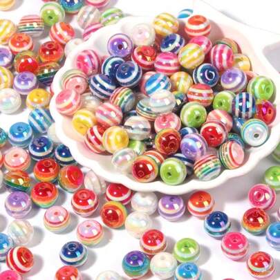 10pcs 12mm Rainbow Striped Acrylic Beads For DIY Jewelry Making - AB Color Multicolor Craft Beads For Earrings, Necklaces, Bracelets & Keychains, Beads For Jewelry Making, Accessory Customization