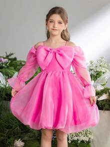 ALISA&LEO Elegante vestido de niña de las flores con tirantes de espagueti y corte evasé, decorado con lazo de gasa y falda de gasa multicapa, adecuado para bodas, cenas formales, galas, celebraciones de cumpleaños, ceremonias de premios y otras ocasiones. - Rosa - Ver 1