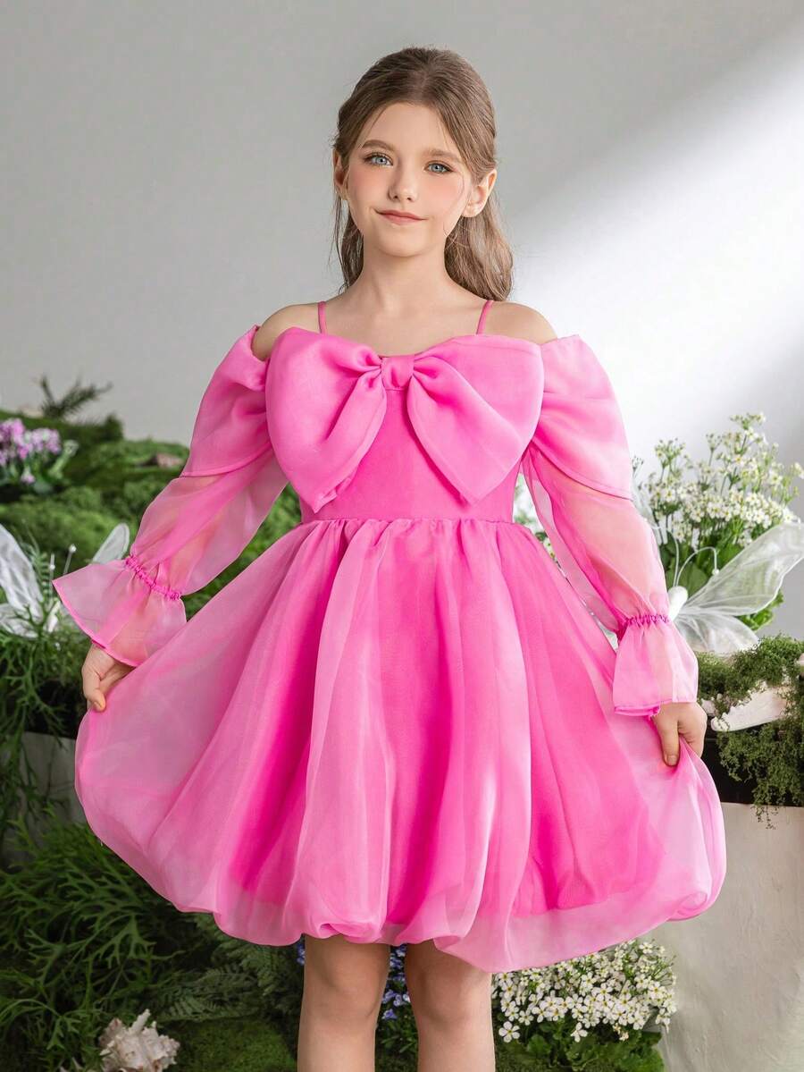 ALISA&LEO Elegante vestido de niña de las flores con tirantes de espagueti y corte evasé, decorado con lazo de gasa y falda de gasa multicapa, adecuado para bodas, cenas formales, galas, celebraciones de cumpleaños, ceremonias de premios y otras ocasiones. - Rosa - Ver 1
