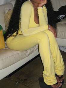 Onicee 女士夏季两件套，黄色方领褶皱长袖上衣和休闲裤，适合情人节、约会、聚会、派对、旅行、度假、海滩等场合。 - 黃色 - 查看 10