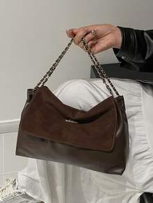女士单肩包，时尚哑光PU皮革单肩包，带链条，腋下包 - 咖啡 - 查看 4