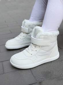 1 par de botas de nieve para niños y niñas, de piel sintética de unicolor con forro térmico, con cierre de gancho y bucle, cómodas, suaves, antideslizantes y duraderas, adecuadas para el otoño/invierno