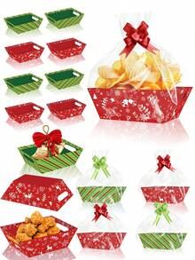 12pcs Christmas Party Baskets With Cellophane Bags, With Transparent Bags, Bows, Gift Baskets For Gifts Empty, Suitable For Christmas, Table Decorations, Birthdays, Wedding Parties - Multicolor - View 2
