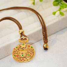 1pc Goldtone Prosperity Green Gourd Lock Pendant With Cubic Zirconia, Hollow Flower Filigree Butterfly Auspicious Lock Pendant With Inlaid Green Agate, Sweater Necklace