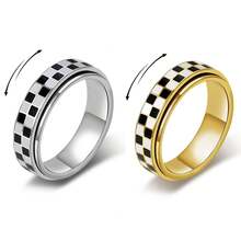1pc Fashionable Unique Black & White Checkered Rotatable Creative Interesting Ring, Simulated Chessboard Checkered Stainless Steel Rotating Ring, Black & White Grid Fidget Ring, Best Couple Ring Choice, Suitable For Daily Wear Personalized Accessory, Unisex Ring