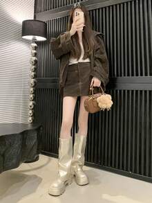 Shiny Fashion Flared Shaft Boots, Mid-Calf Slouchy Boots, Autumn/Winter New Versatile Skinny Tube Boots, Street Style Platform Round Toe Women Boots