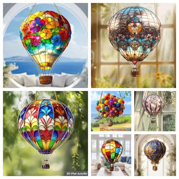 1Pc Colorful Hot Air Balloon & Floral Acrylic Sun Catcher - Window Hanging Decor For Garden, Room, Outdoor Yard - Perfect Holiday Gift For Family