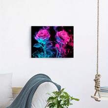 1pc Neon Rose Canvas Wall Art, Abstract Pink Blue Glowing Flower Print, Modern Floral Artwork For Living Room Bedroom Office Aesthetic Decor, Dramatic Botanical Picture On Black Background - 彩色 - 查看 3
