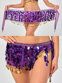 女士肚皮舞亮片硬币流苏装饰腰臀围巾 - 彩色 - 查看 5