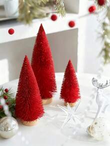 6 piezas - Árboles de Navidad rojos miniatura artificiales, árboles de cepillo de botella con base de madera, árbol de Navidad de sisal con escarcha artificial, manualidades DIY de mini pino para decoración navideña, fiesta de Navidad, hogar, decoración de mesa, adornos de invierno (Rojo)