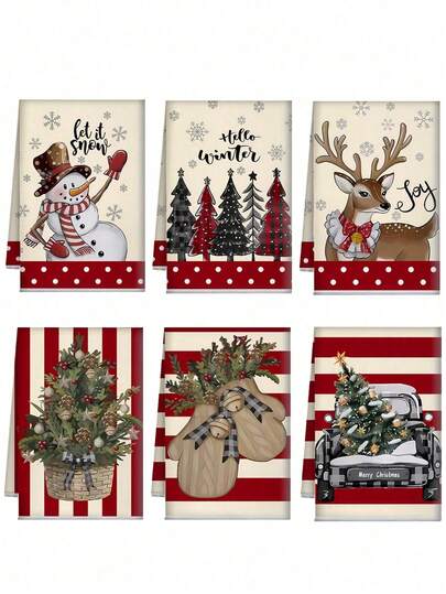 1条/2条/6条装圣诞主题手巾，圣诞树和雪人图案设计，超细纤维清洁布，厨房毛巾，圣诞礼物，圣诞惊喜，厨房和餐厅装饰，户外派对用品，适用于圣诞厨房和浴室装饰