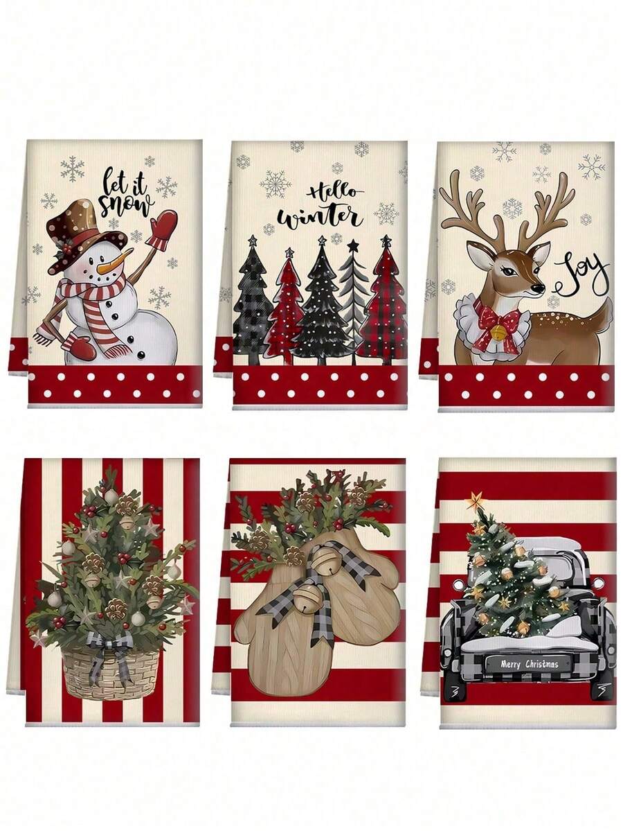 1pc/2pcs/6pcs Christmas Hand Towels, Christmas Tree & Snowman Pattern Design Microfiber Cleaning Cloths, Kitchen Towels, Advent Gift, Christmas Surprise, Kitchen & Dining Decor, Outdoor Party Supplies, Suitable For Christmas Kitchen & Bathroom Decoration - Multicolor - View 1