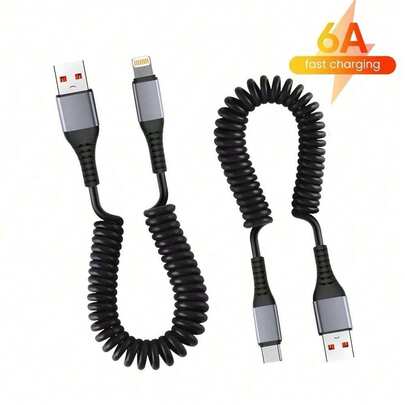 1 st. utdragbar USB-snabbladdningskabel med fjäder, kompatibel med iPhone 17 Pro Max/17 Pro/17 Air/17/16/15/14/13/12/11/XS/XR/8/7/6, S25/S24/S23/S22/S21/S20, iPad-serien