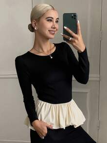 Livesso Tricou damă cu mânecă lungă și guler rotund, blocuri de culoare, volane, haine de toamnă - Alb-negru - Vizualizare 4