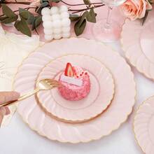125PCS Scalloped Plastic Plates - Ivory Scalloped Disposable Plates - Gold Plastic Dinnerware Set Include 50 Plates, 75 Gold Silverware Party Wedding Thanksgiving - 粉色 - 查看 5